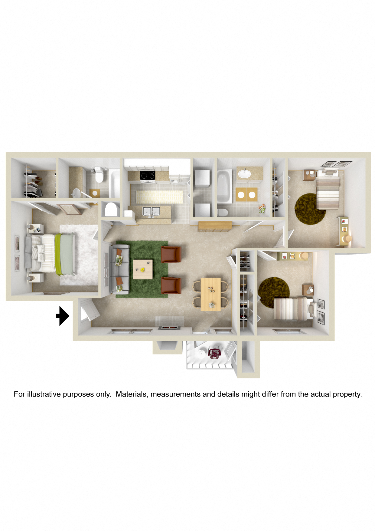 Floor plan for 3 beds, 2 baths, 1178 sqft